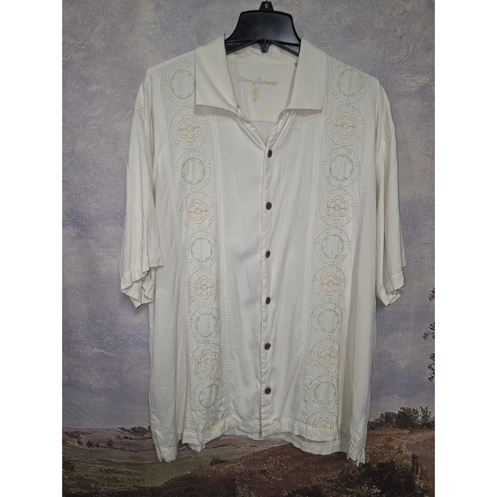 Tommy Bahama Cream Silk Embroidered Panel Short-Sleeve Camp Shirt Size XL